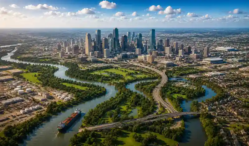Aerial view of Houston's bayous, downtown skyline, highways, and waterways highlighting the city's strategic location.